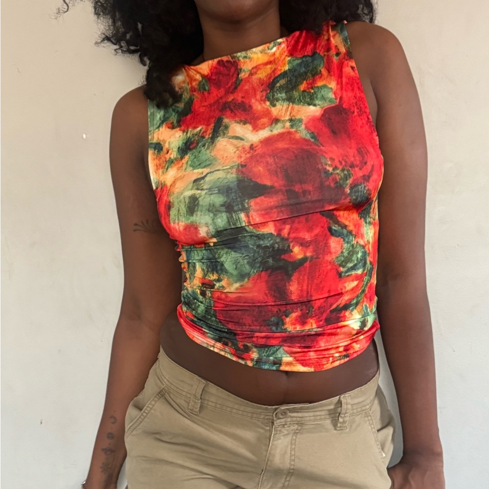 Topshop Red and Green Tie-Dye Crop Top